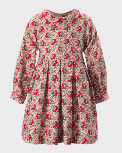Rachel Riley Kids' Girl's Cherry & Floral-print Pleated Dress In Multi
