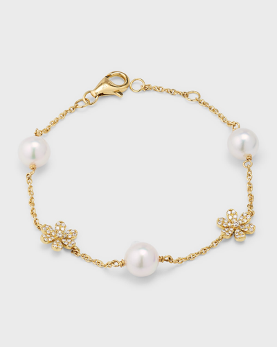 Pearls By Shari 18k Yellow Gold Akoya Pearl And Diamond Daisy Bracelet, 7"l