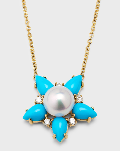 Pearls By Shari 18k Yellow Gold Akoya Pearl, Diamond And Pear Shape Turquoise Necklace, 18"l In Black