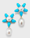 PEARLS BY SHARI 18K YELLOW GOLD TURQUOISE, AKOYA PEARL AND SOUTH SEA PEARL EARRINGS