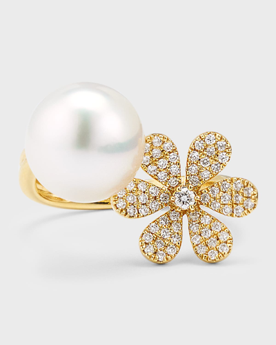 Pearls By Shari 18k Yellow Gold South Sea Pearl And Daisy Flower Pot Ring