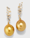 PEARLS BY SHARI 18K YELLOW GOLD SOUTH SEA GOLDEN PEARL AND DIAMOND BAGUETTE EARRINGS, 11MM