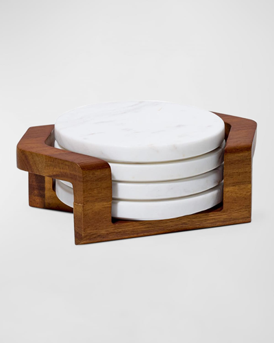 Nambe Chevron Coaster Set With Holder In Acacia Wood And Marble In Brown