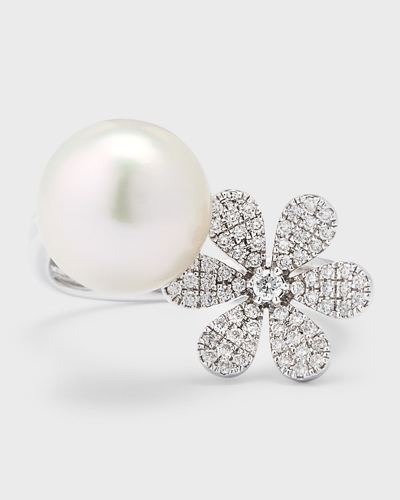 Pearls By Shari 18k White Gold South Sea Pearl And Daisy Flower Pot Ring