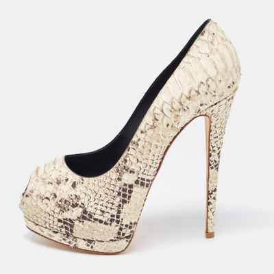 Pre-owned Giuseppe Zanotti Cream/brown Python Embossed Leather Peep Toe Pumps Size 40