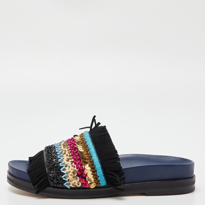 Pre-owned Tory Burch Black/navy Blue Leather Embellished Isle Sildes Size 37.5