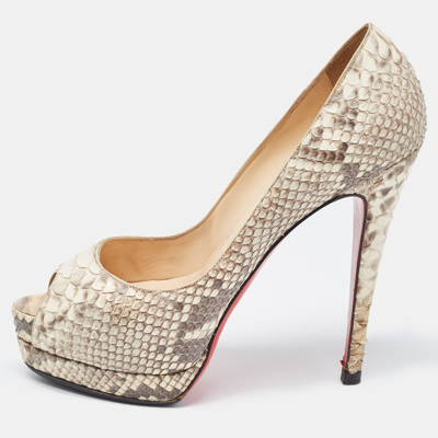 Pre-owned Christian Louboutin Cream/brown Python Lady Peep Pumps Size 37.5