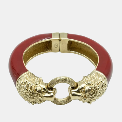 Pre-owned Chanel Burgundy Leo Lion Enamel Gold Metal Cuff Bracelet 16