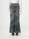 Balenciaga Dark Blue Maxi Skirt With Crinkled Effect With Logo Patch In Cotton Denim Woman In Navy