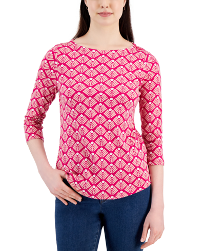 Charter Club Petite Boat-neck 3/4-sleeve Top, Created For Macy's In Ravishing Red Combo