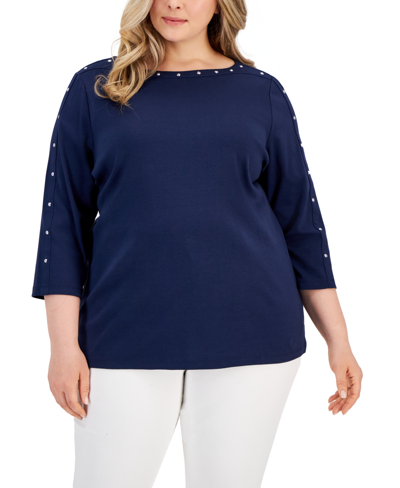 Karen Scott Plus Size 3/4-sleeve Studded Boatneck Top, Created For Macy's In Intrepid Blue