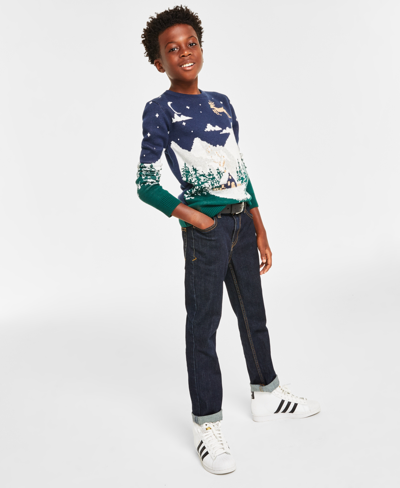 Charter Club Holiday Lane Big Boys Snowy Landscape Crewneck Sweater, Created For Macy's In Intrepid Blue Combo