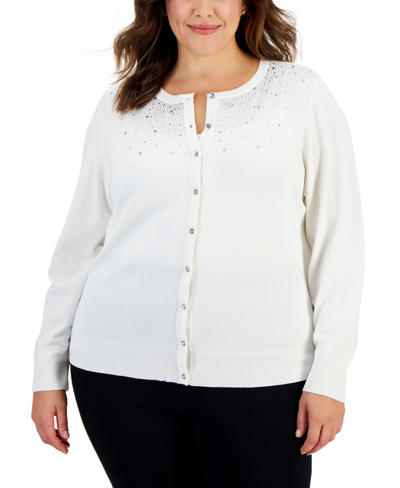 Jm Collection Plus Size Embellished Button-front Cardigan, Created For Macy's In Neo Natural