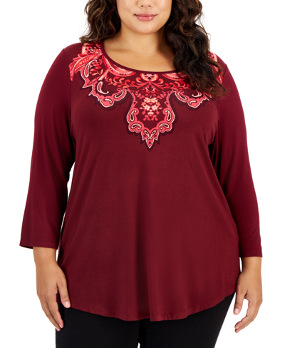 Jm Collection Plus Size Printed Medallion 3/4-sleeve Top, Created For Macy's In Dark Rust Combo