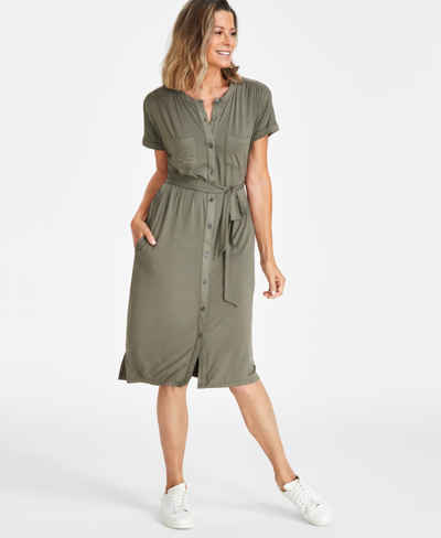 Style & Co Women's Short Sleeve Belted Knit Shirtdress, Created For Macy's In Olive