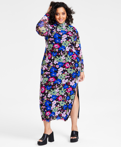 Bar Iii Plus Size Printed Mock Neck Long-sleeve Bodycon Dress, Created For Macy's In Feathered Floral