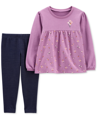Carter's Toddler Girls French Terry Top And Knit Denim Pants, 2 Piece Set In Purple