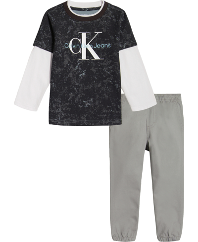Calvin Klein Kids' Toddler Boys Long Sleeve Printed Twofer Logo T-shirt And Twill Joggers, 2 Piece Set In Black