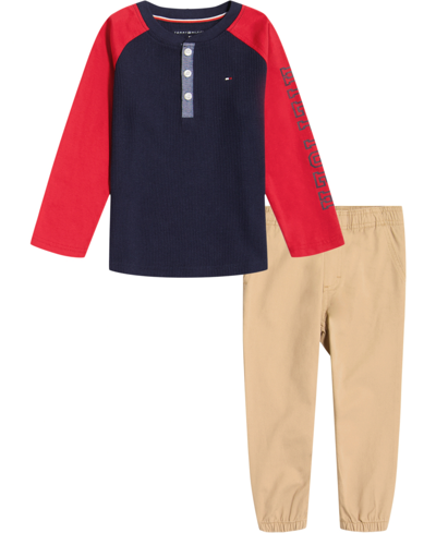Tommy Hilfiger Baby Boys Long Sleeve Colorblock Henley T-shirt And Sueded Twill Joggers, 2 Piece Set In Navy