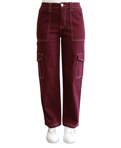Almost Famous Crave Fame Juniors' High-rise Utility Cargo Skater Pants In Burgundy