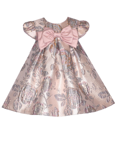 Bonnie Baby Baby Girls Short Sleeve Metallic Jacquard Trapeze Dress With Bow In Gray