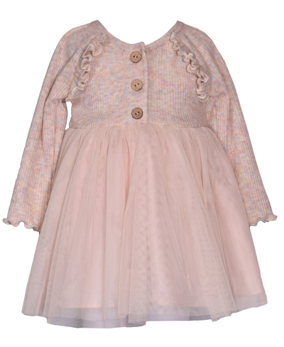 Bonnie Baby Baby Girls Long Sleeved Mock Henley Pullover Dress With Tulle Skirt In Natural