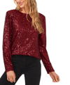 Cece Sequin Long Sleeve Top In Dark Wine