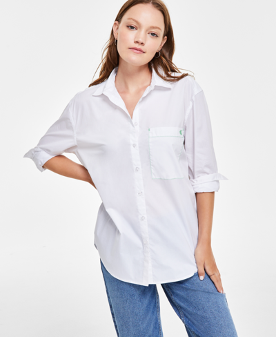 Calvin Klein Jeans Est.1978 Women's Embroidered-pocket Cotton Boyfriend Shirt In White