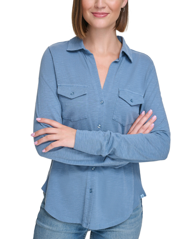 Calvin Klein Jeans Est.1978 Women's Long Sleeve Side Panel Button Down Shirt In Stormy Blue
