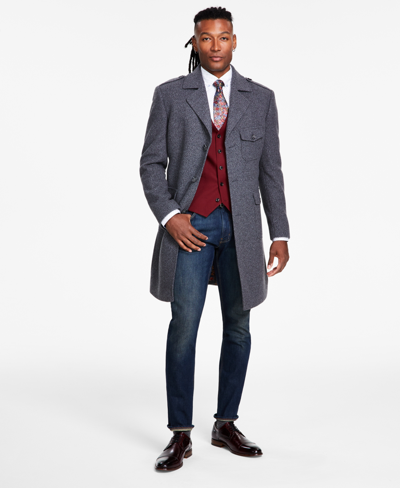 Tayion Collection Men's Classic-fit Plaid Self Belted Wool Blend Overcoats In Charcoal