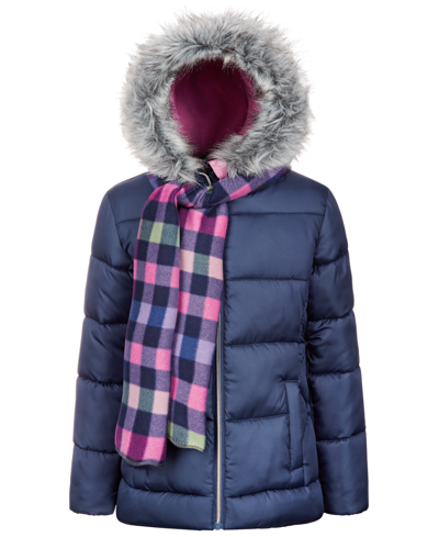S Rothschild & Co Kids' Big Girls Solid Quilt Puffer Coat & Plaid Scarf In Navy