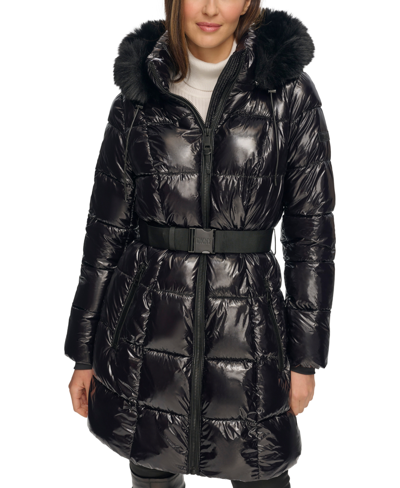 Dkny Women's Belted Faux-fur-trim Hooded Puffer Coat In Black