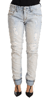 ACHT LIGHT BLUE DISTRESSED COTTON FOLDED HEM DENIM TROUSER JEANS