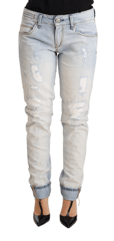Acht Light Blue Distressed Cotton Folded Hem Denim Trouser Jeans In Light-blue