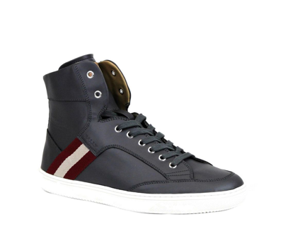 BALLY DARK GREY CALF LEATHER HI TOP SNEAKER WITH RED BEIGE