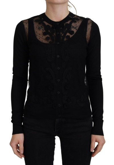 Dolce & Gabbana Black Floral Lace Button Cardigan Jumper