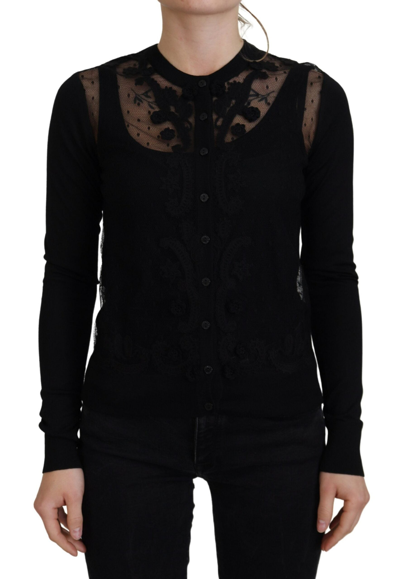 DOLCE & GABBANA BLACK FLORAL LACE BUTTON CARDIGAN SWEATER