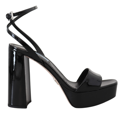 PRADA BLACK PATENT SANDALS ANKLE STRAP HEELS LEATHER