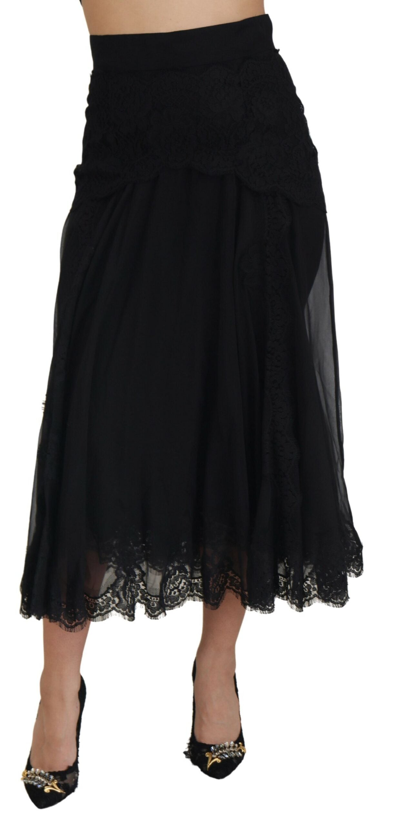 Dolce & Gabbana Black Silk Lace Trim High Waist Midi Skirt
