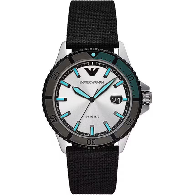 Emporio Armani Black Silver Fabric And Steel Quartz Watch In Black | Silver