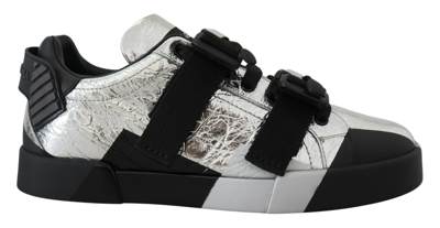 Dolce & Gabbana Black Silver Leather Low Top Sneakers Casual Shoes