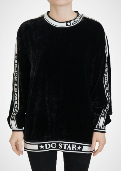 Dolce & Gabbana Black Velvet Crewneck Pullover Sweater