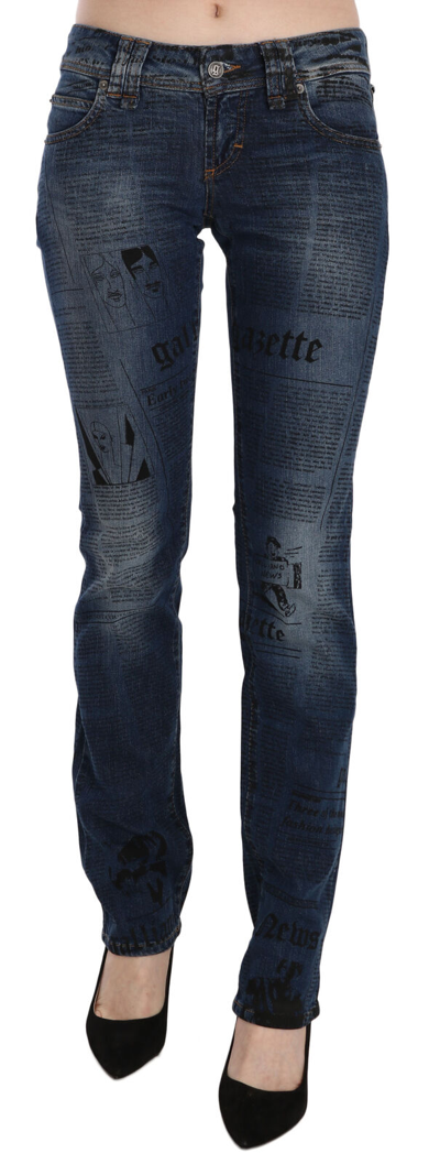 John Galliano Blue Newspaper Print Low Waist Skinny Denim Trousers