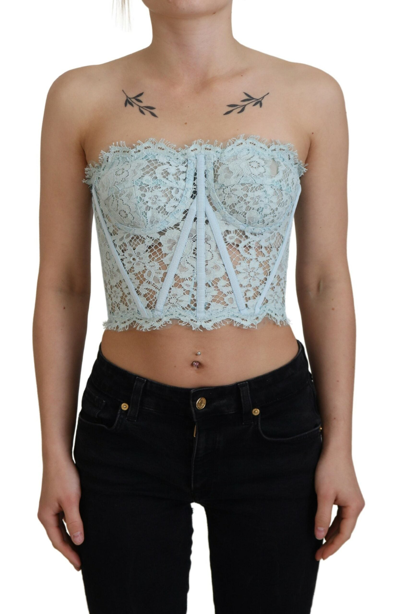 Dolce & Gabbana Blue Strapless Floral Lace Bustier Crop Top In Light Blue