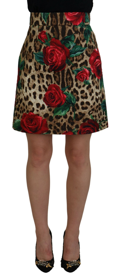 Dolce & Gabbana Brown Cotton Leopard Rose Print Mini Skirt