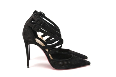 Christian Louboutin Black Velour Perforated Strappy High Heel Sandal