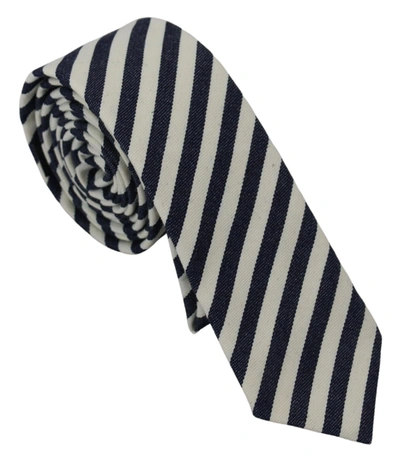 Denny Rose White Blue Striped Classic Adjustable  Silk Tie In Blue And White
