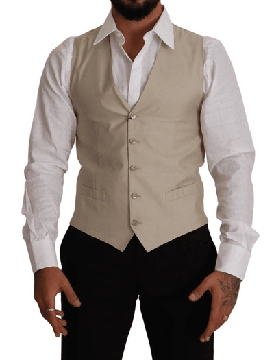 Dolce & Gabbana Beige Cotton Silk Slim Fit Waistcoat Vest