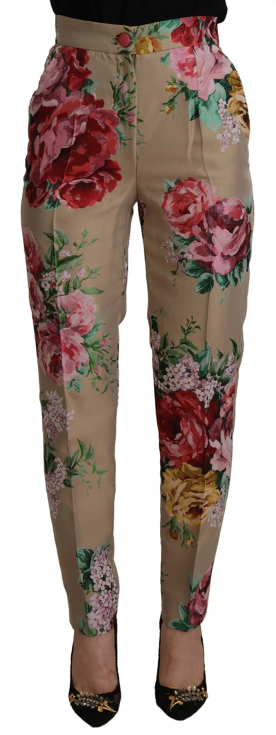 Dolce & Gabbana Beige Floral Dress Formal High Waist Pants