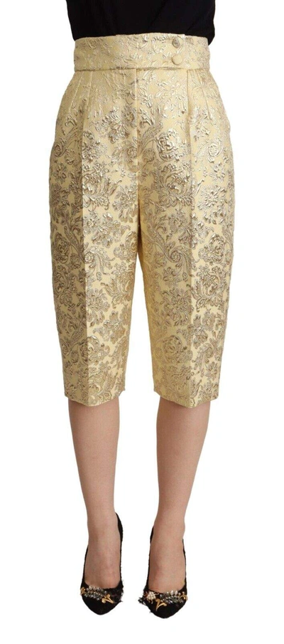Dolce & Gabbana Beige Floral Brocade High Waist Trouser Cropped Pants